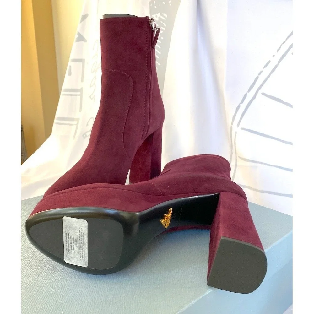 PRADA Milano 1TP221 Womens Burgundy Suede High heel‎ Ankle Boots Shoes, 35.5